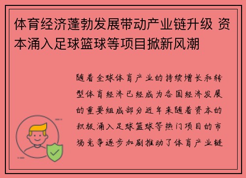体育经济蓬勃发展带动产业链升级 资本涌入足球篮球等项目掀新风潮